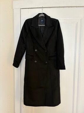 GAP Long Black Double-Breasted Wool-Blend Pea Coat